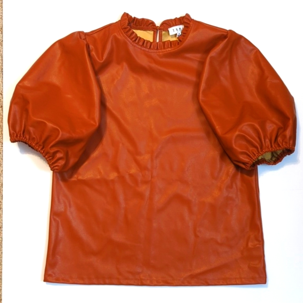 THML FAUX LEATHER PUFF SLEEVE TOP, RUST/ORANGE FALL VIBES, MD